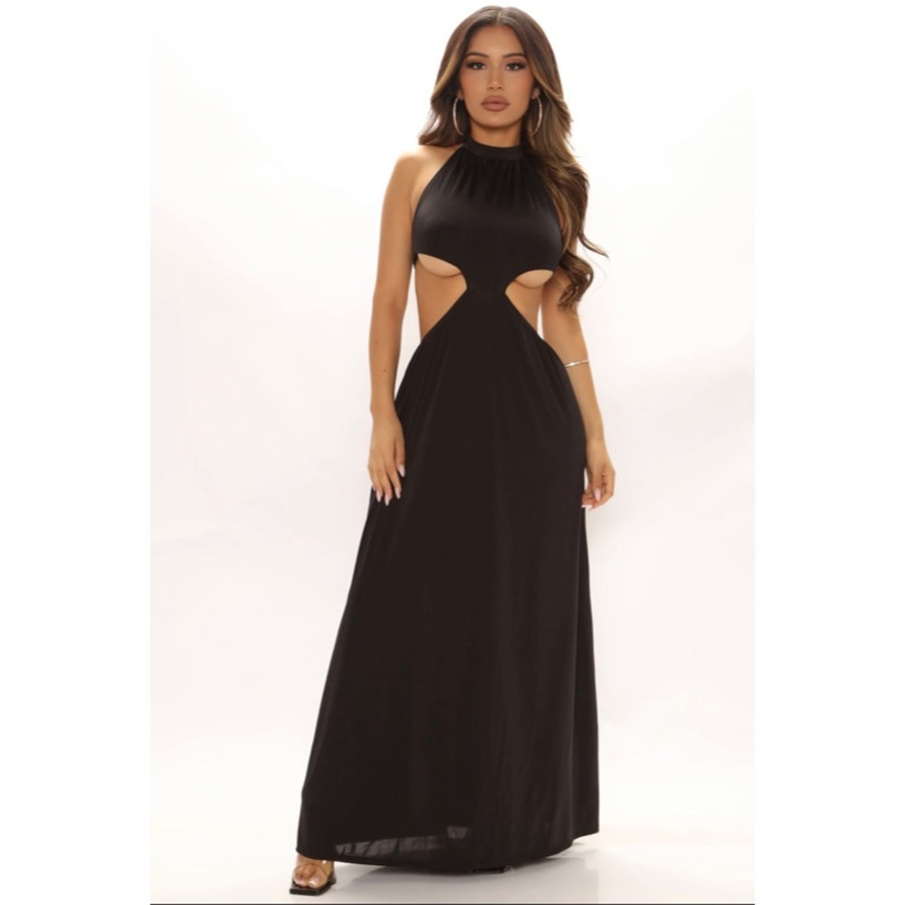 Fashion nova cutout halter black maxi dress. Size XS but fits more like a S/M.